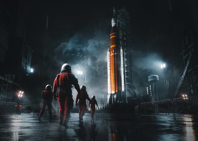 Astronauts Approaching Rocket Launch Pad