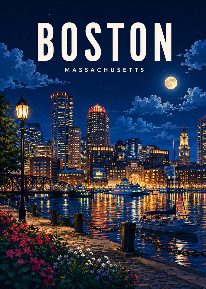 Boston Massachusetts Night Skyline Poster