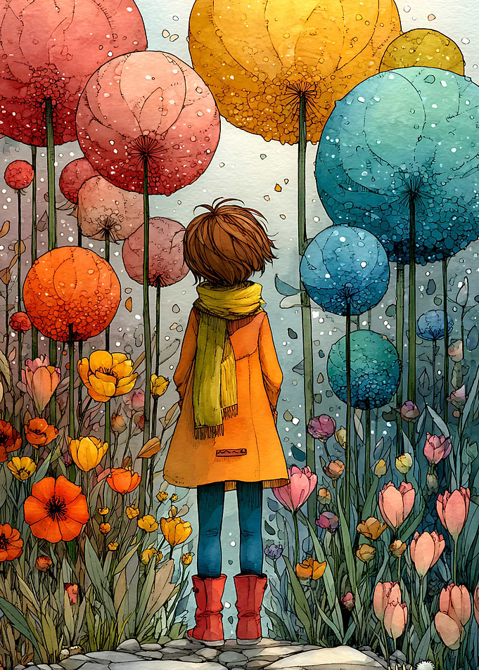 Girl Standing in Whimsical Flower Garden