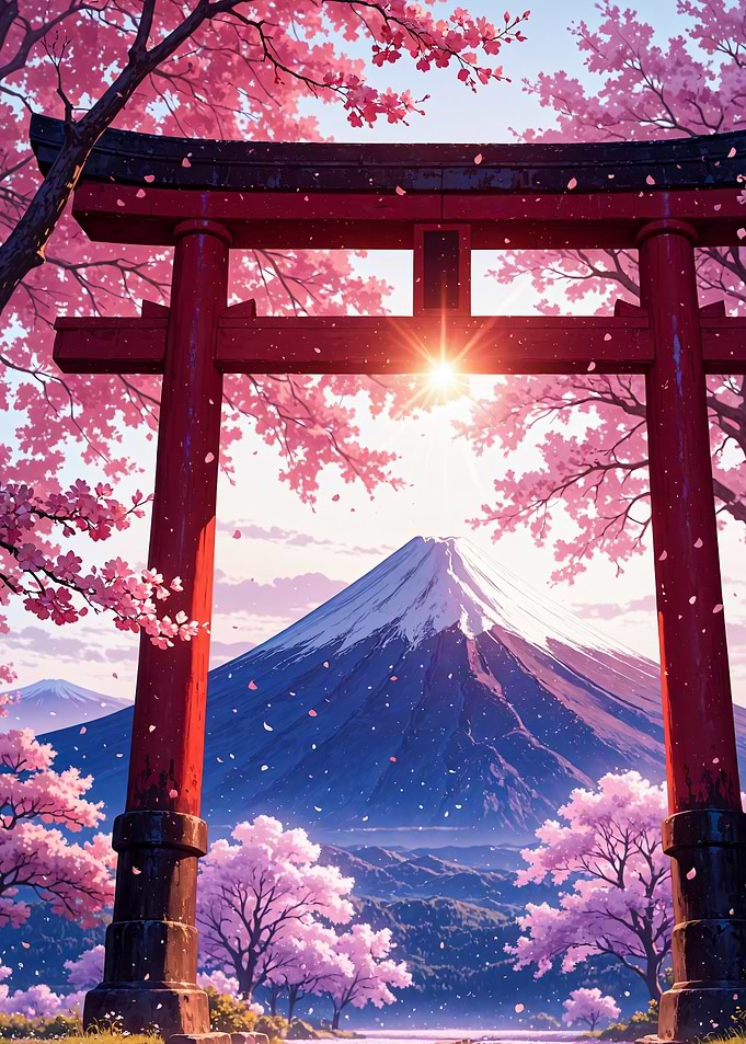Mount Fuji and Torii Gate Sakura Cherry Blossom Japan
