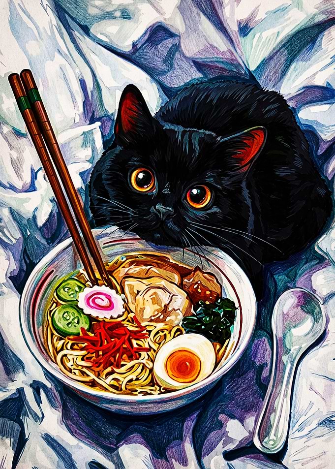 Black Cat Eating Ramen Illustration