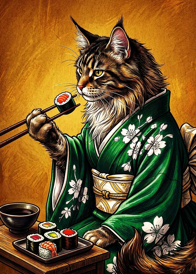 Maine Coon Cat Eating Sushi