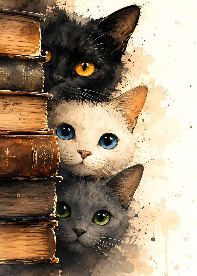 Three Cats Peeking Behind Old Books