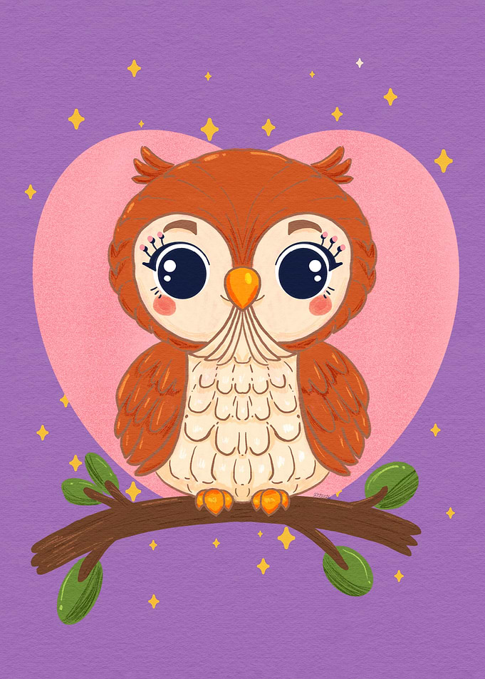 Cute Cartoon Owl on Branch
