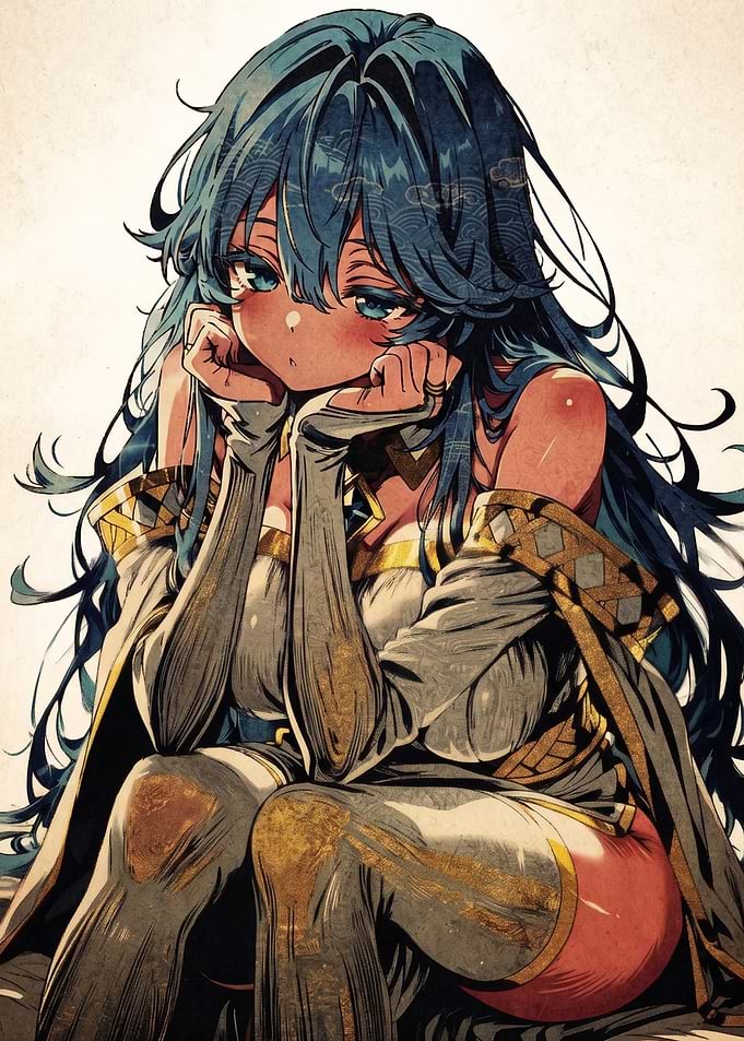 Pensive Anime Girl with Blue Hair