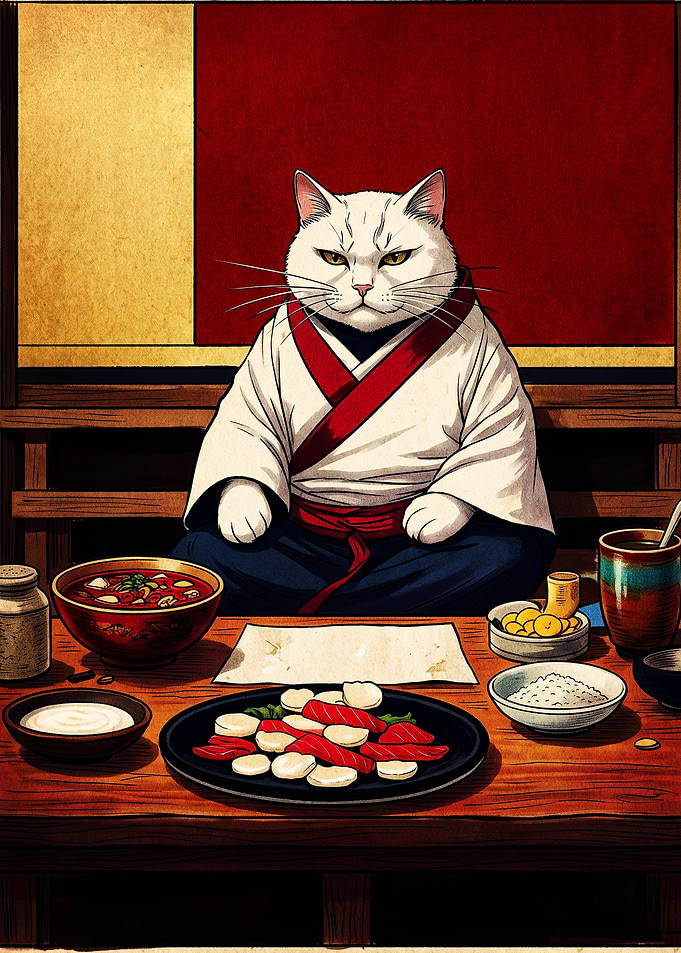 Serious Cat Samurai Dining