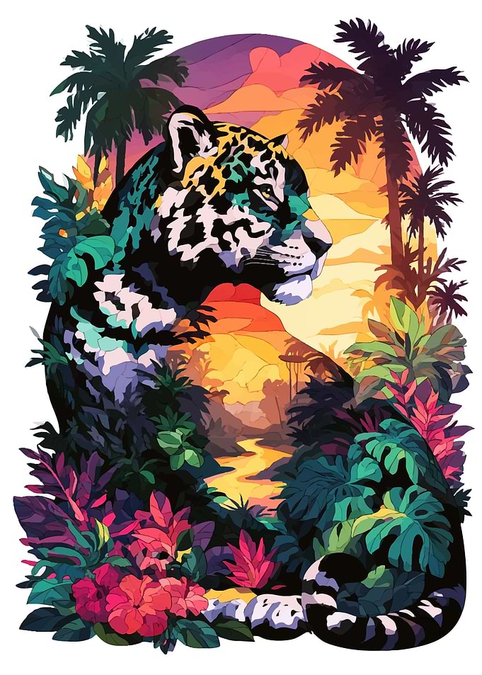 Stained Glass Style Tropical Jaguar