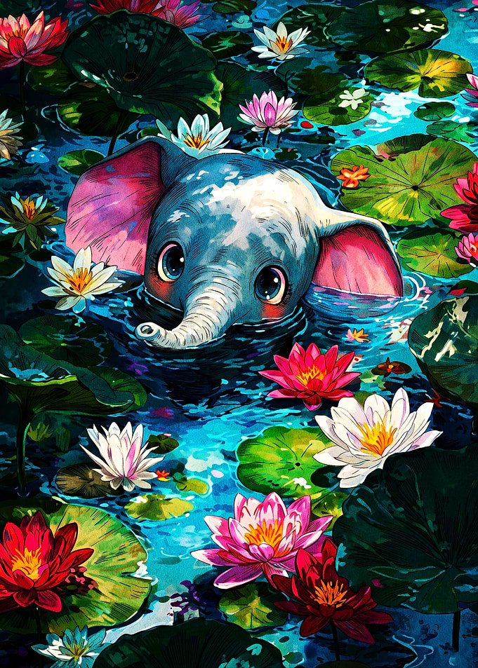 Cute Baby Elephant in Lotus Pond