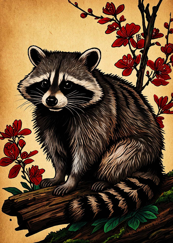 Raccoon on Log with Red Flowers