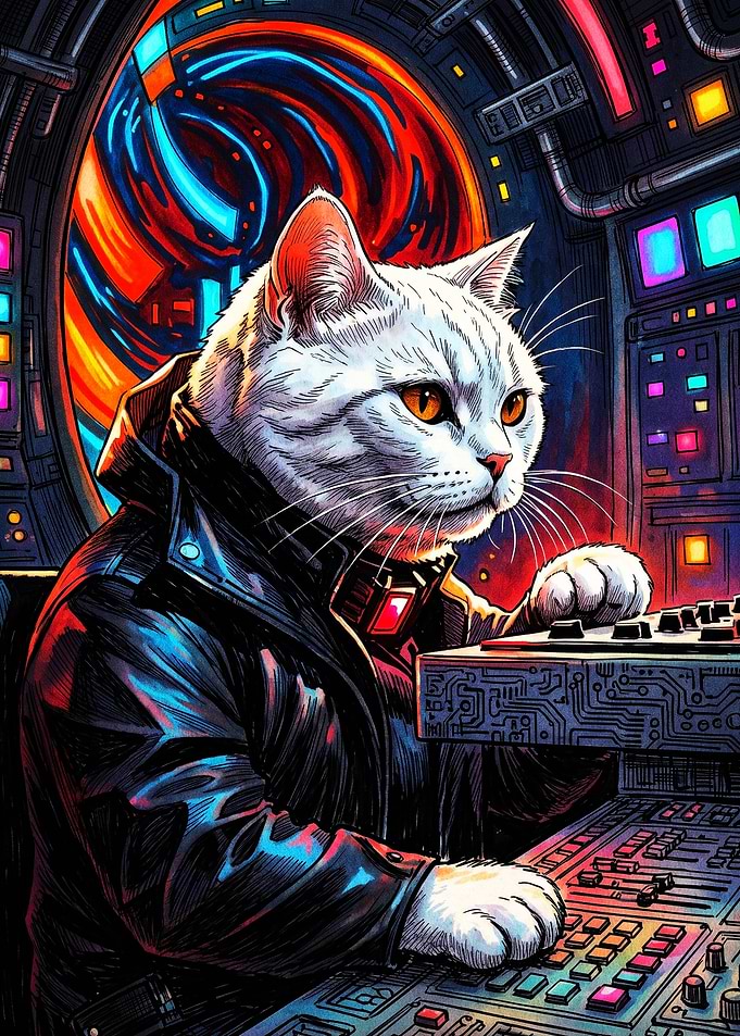Cyberpunk Cat Pilot at Control Panel
