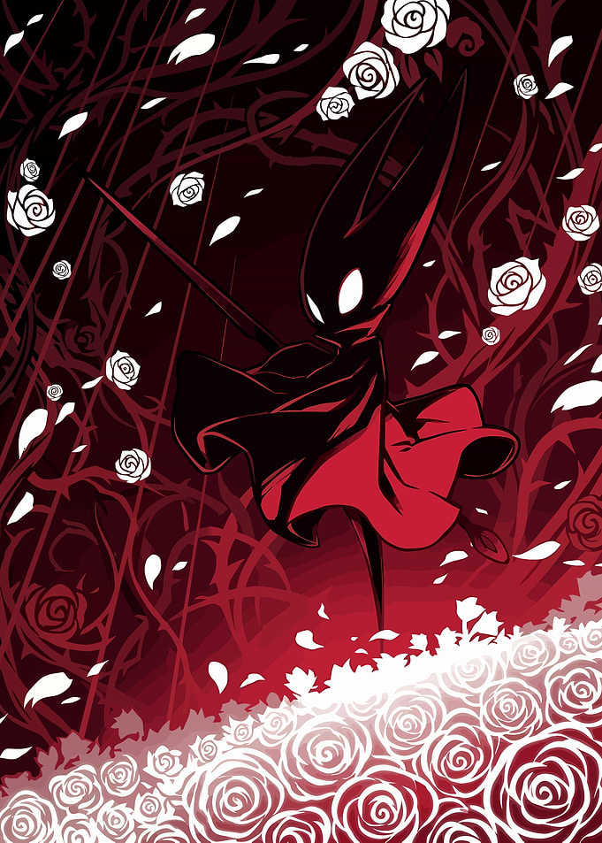 Hornet from Hollow Knight among Roses