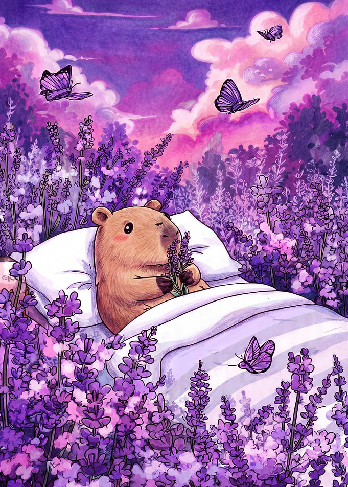 Capybara Sleeping in Lavender Field