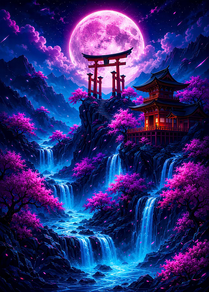 Neon Japanese Temple Under Pink Moon
