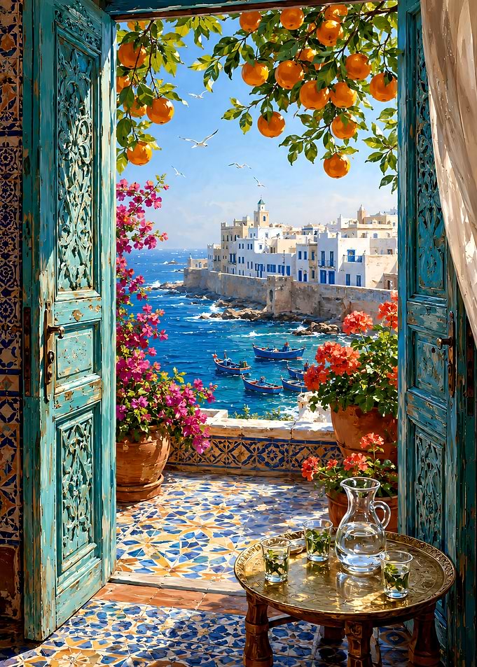 Mediterranean Terrace View with Oranges