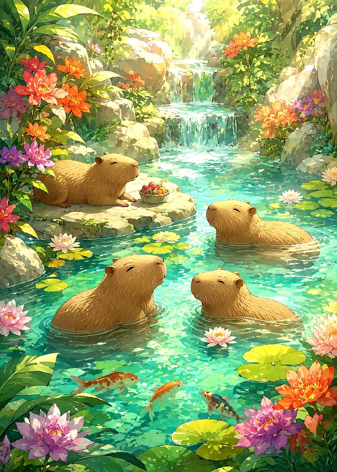 Capybaras Relaxing in a Floral Pond
