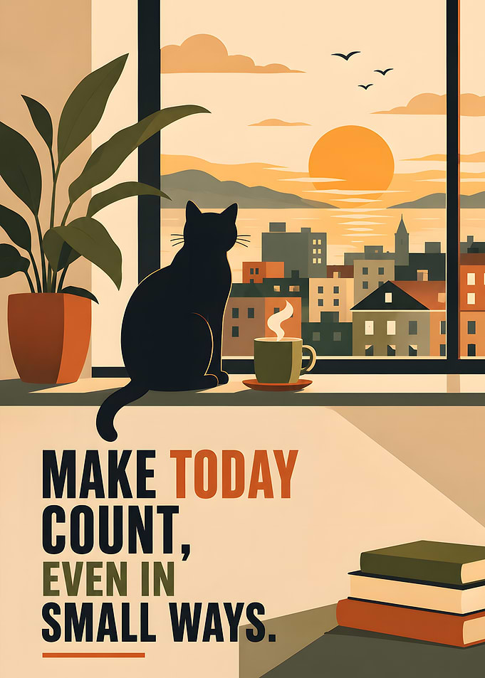 Cat Watching Sunset Inspirational Poster
