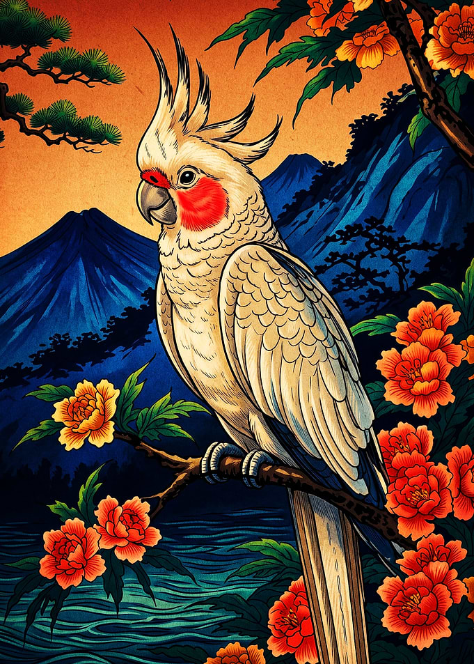 Cockatoo in Japanese Ukiyo-e Style
