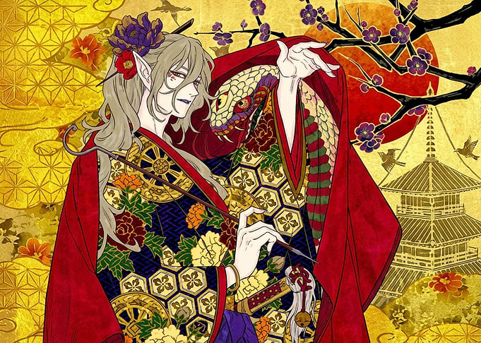 Elegant Elf with Snake and Pagoda
