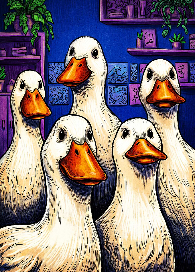 Five Curious Ducks in a Room