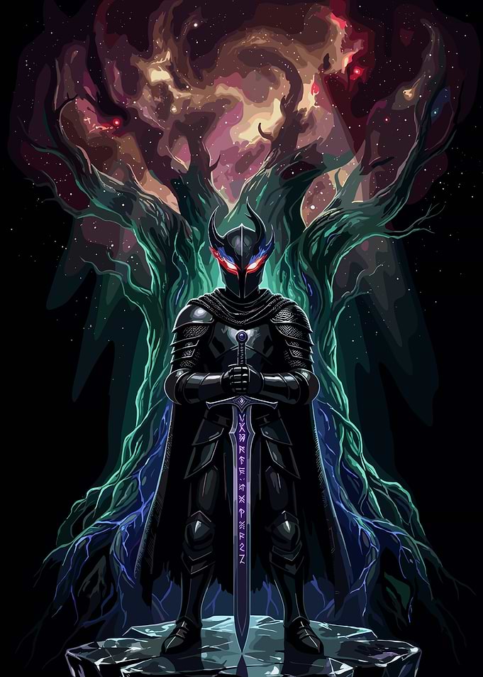 Dark Knight with Glowing Runes Sword
