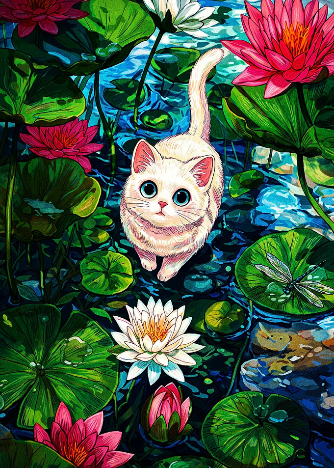 Cute Kitten in a Lotus Pond