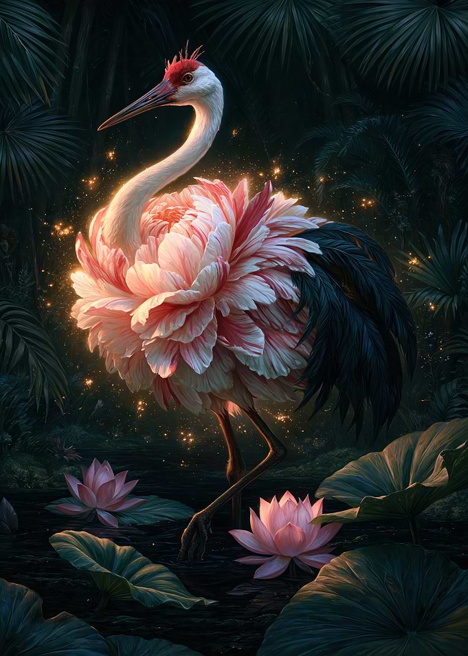 Magical Crane with Floral Plumage