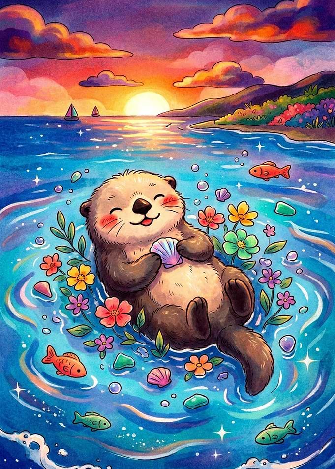 Cute Otter Floating in Sunset Waters
