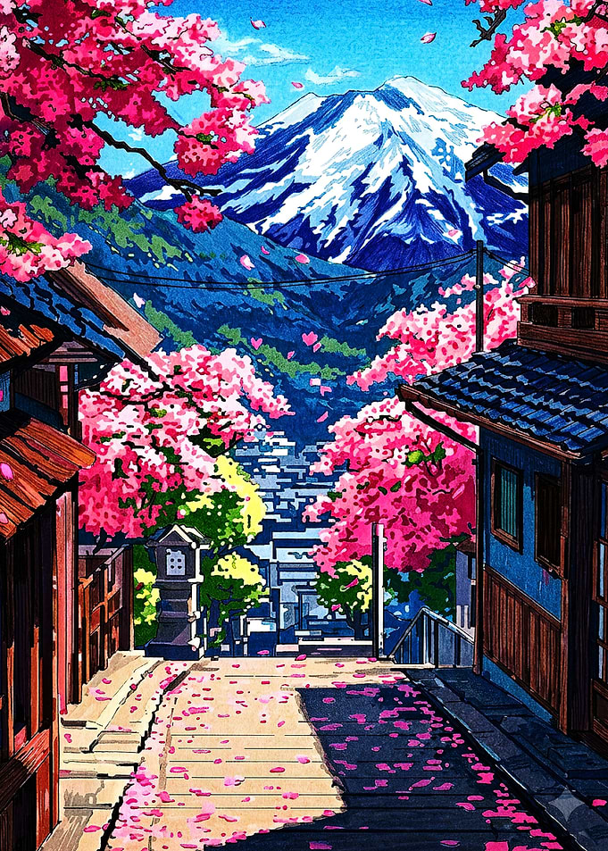 Cherry Blossoms and Mount Fuji View