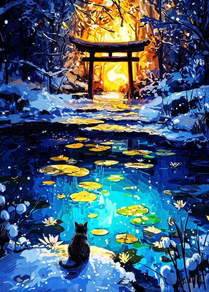 Black Cat at Snowy Torii Gate