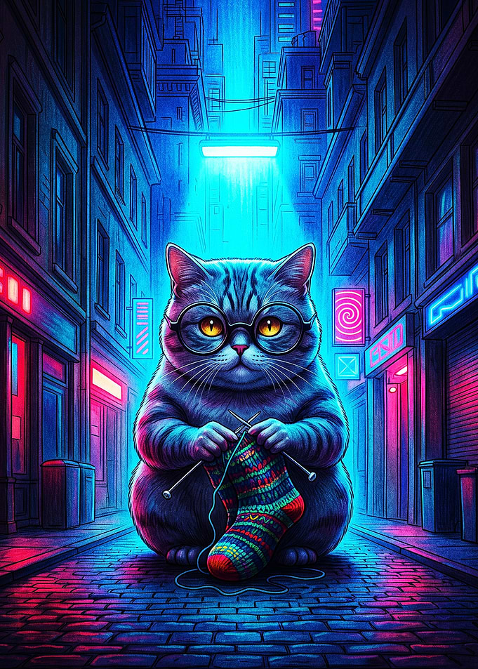 Cyberpunk Cat Knitting a Sock