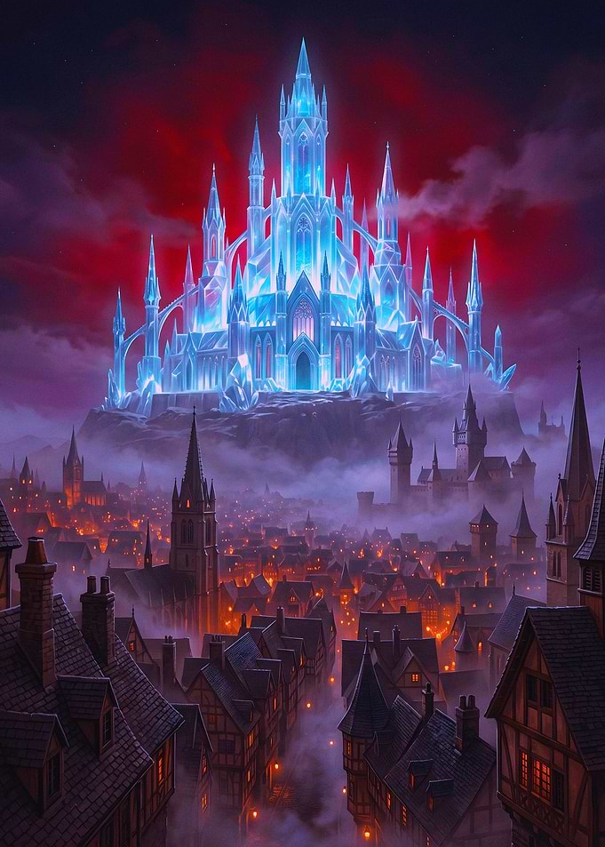 Glowing Ice Castle Over Medieval Town
