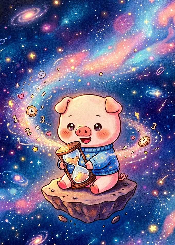 Cute Piglet Holding Hourglass in Space