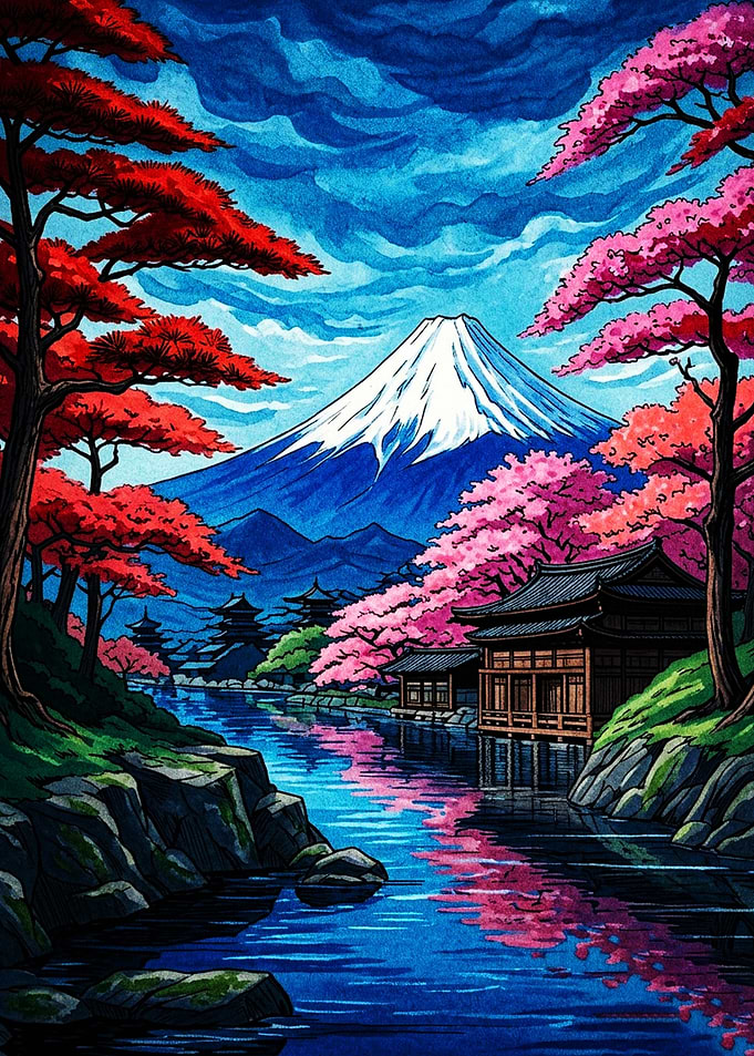 Mount Fuji and Cherry Blossoms Landscape