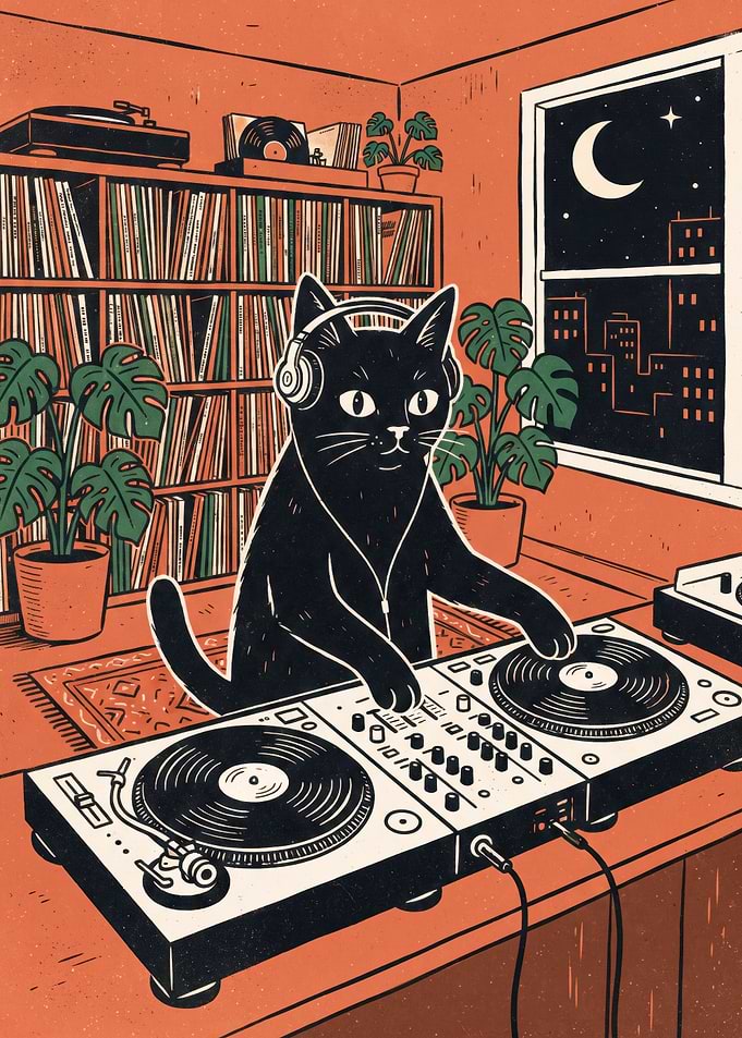 Black Cat DJ Playing Vinyl Records