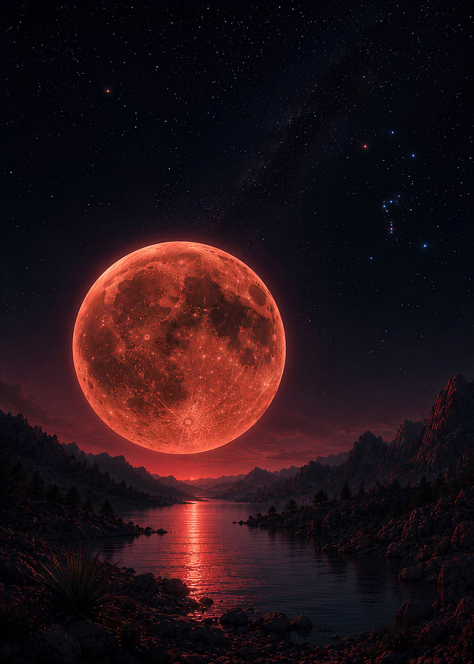Giant Red Moon Over Dark Lake