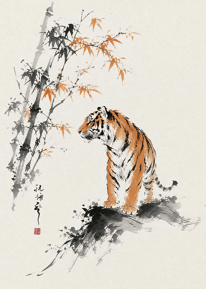 Traditional Ink Wash Tiger Painting