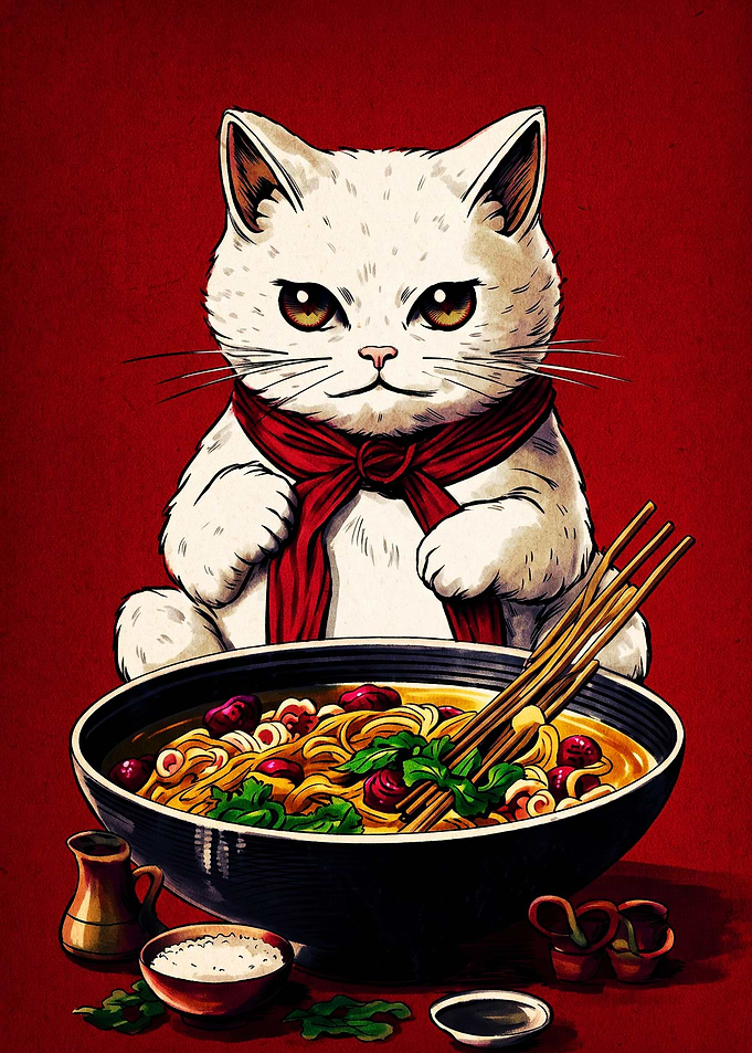 Cute Cat Eating Ramen Illustration
