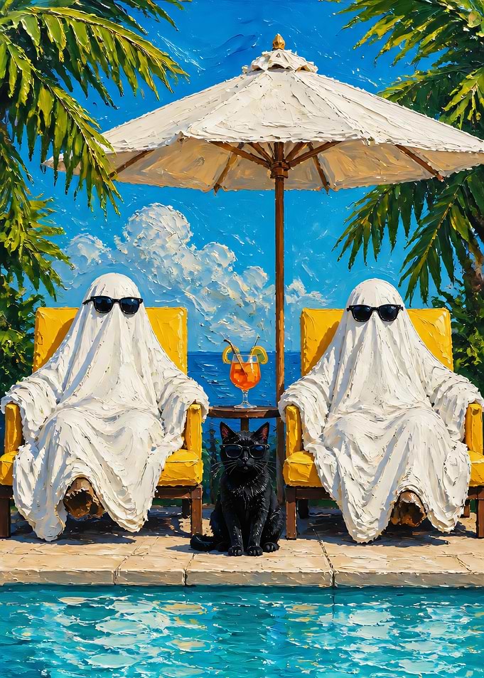 Ghosts and Cat Relaxing by Pool