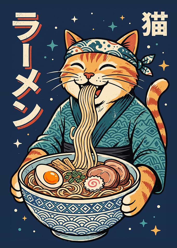 Cute Cat Eating Ramen Illustration