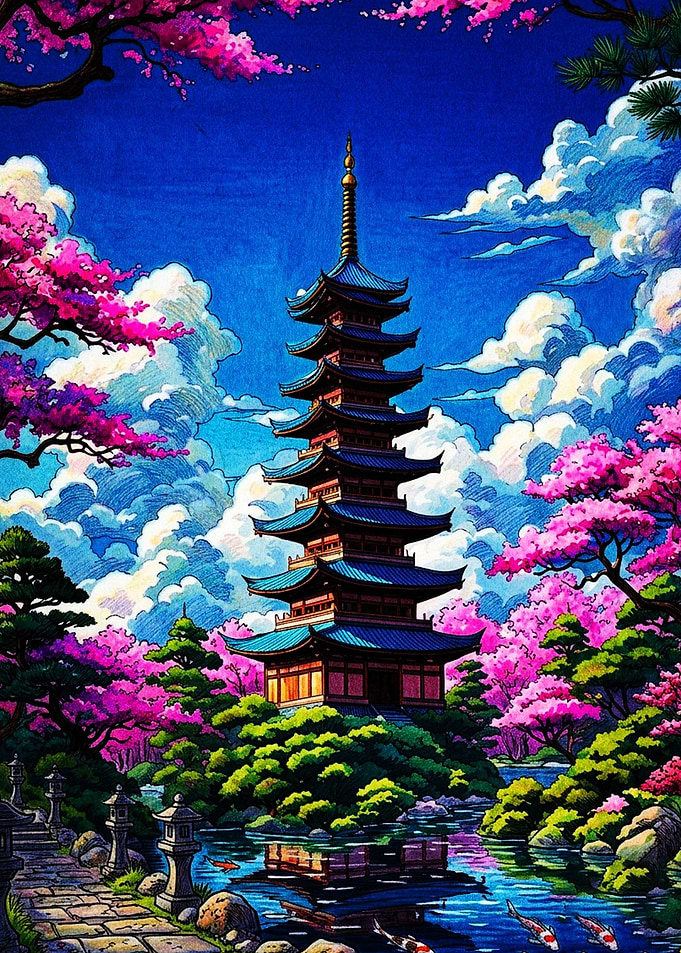 Vibrant Japanese Pagoda Garden Scene