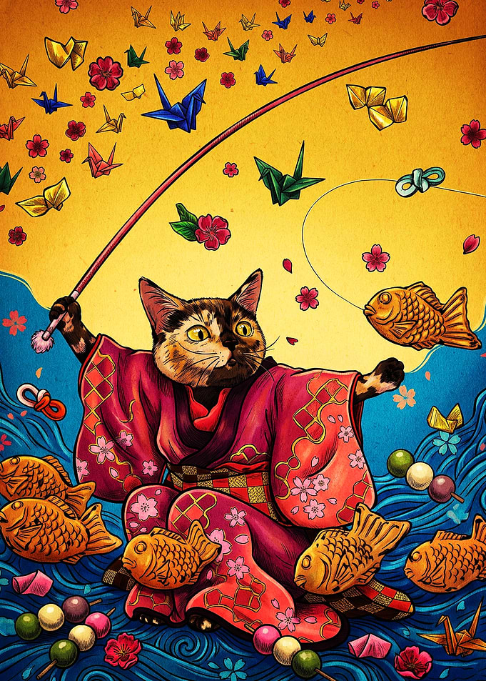 Cat in Kimono Fishing Taiyaki