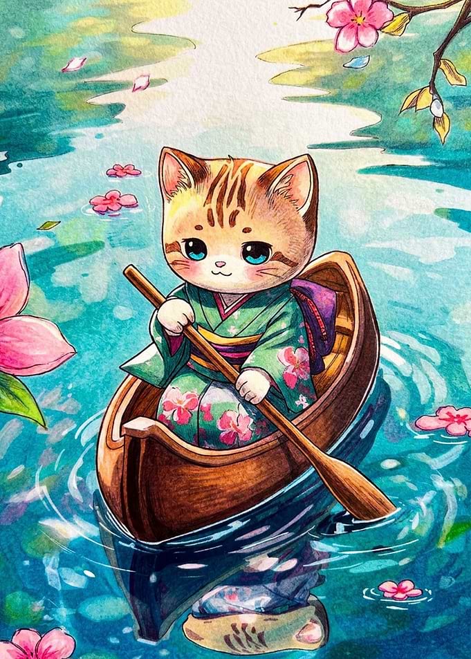 Cute Cat Rowing in Kimono