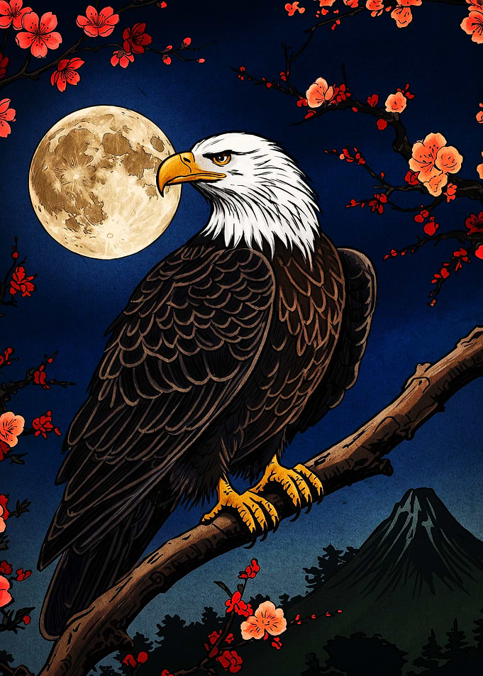 Bald Eagle Perched Under Full Moon
