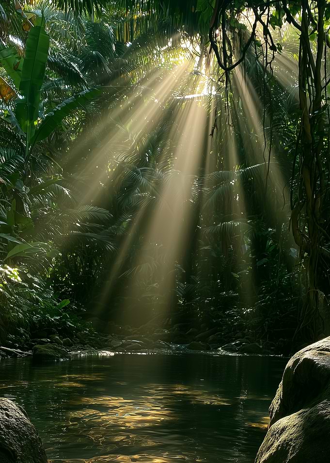 Sunlight Streaming Through Tropical Jungle