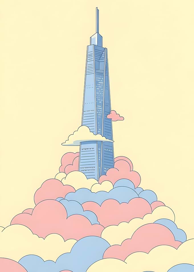 Skyscraper Rising Above Pastel Clouds