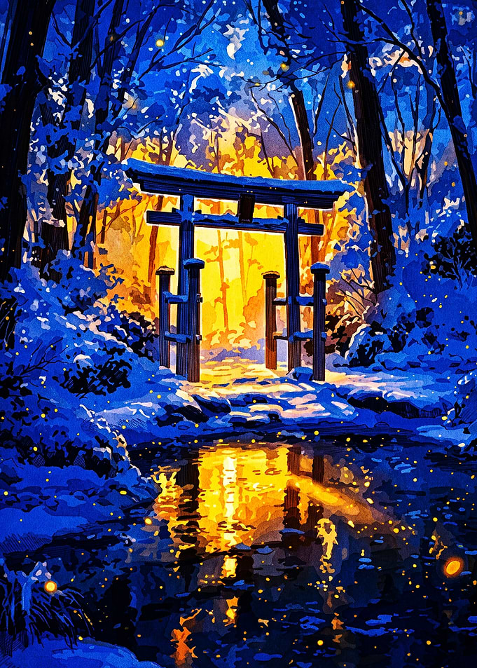 Torii Gate in Glowing Winter Forest