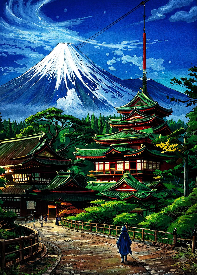 Mount Fuji and Traditional Japanese Temple