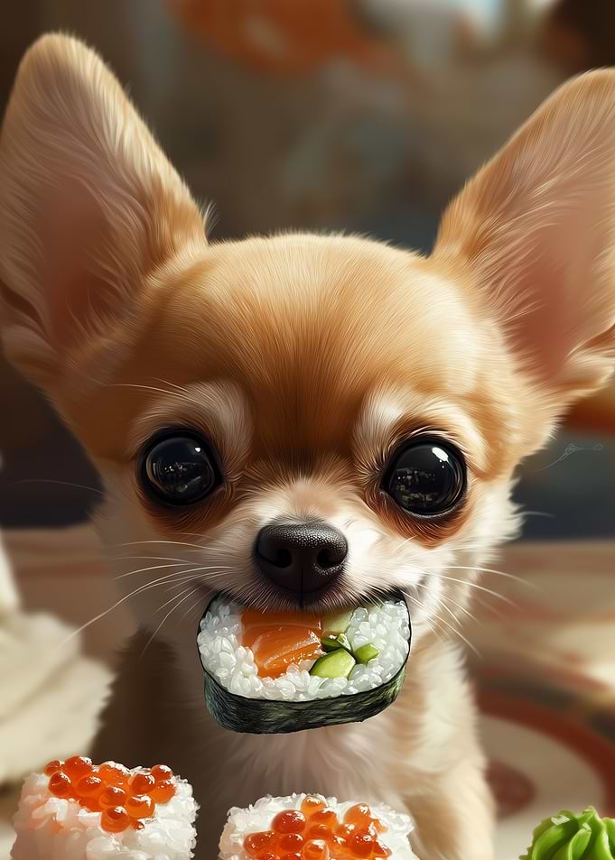 Cute Chihuahua Puppy Eating Sushi