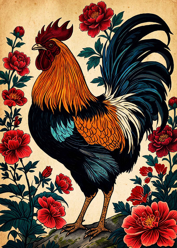 Rooster and Peonies Vintage Illustration