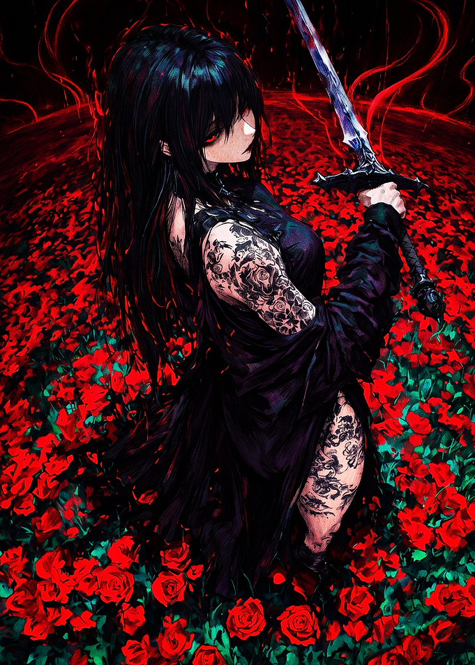 Dark Anime Warrior in Rose Field